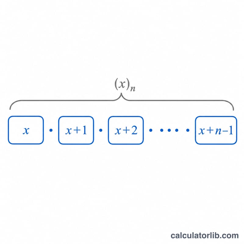 Diagram showing the rising factorial as a product of consecutive increasing factors starting from x