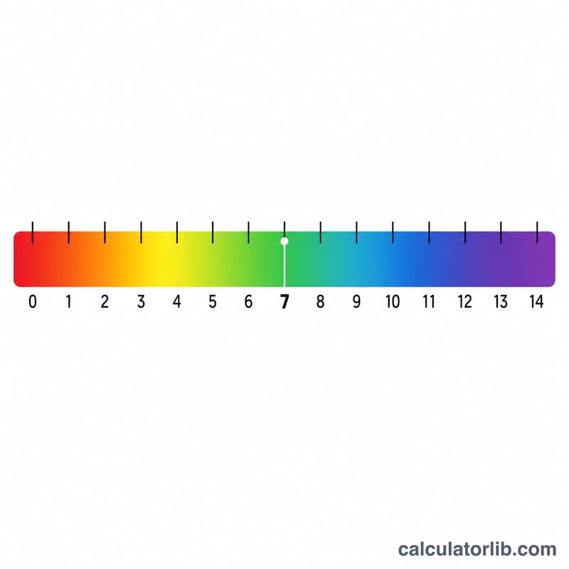 Horizontal pH scale from 0 to 14 with color gradient from red to green to purple, marked acidic, neutral, basic