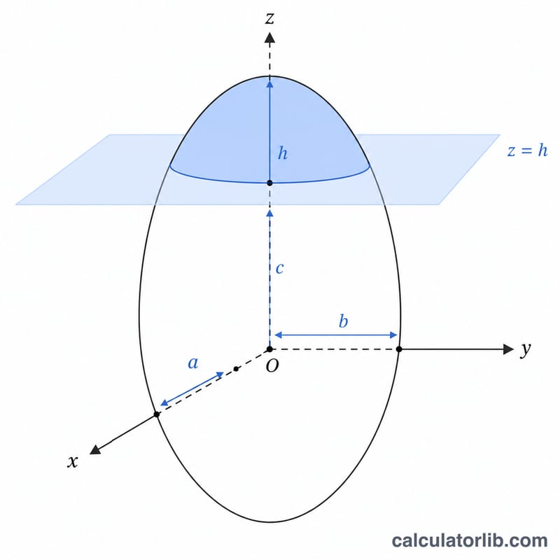 Triaxial ellipsoid with semi-axes a, b, c cut by a horizontal plane at height h, upper cap shaded