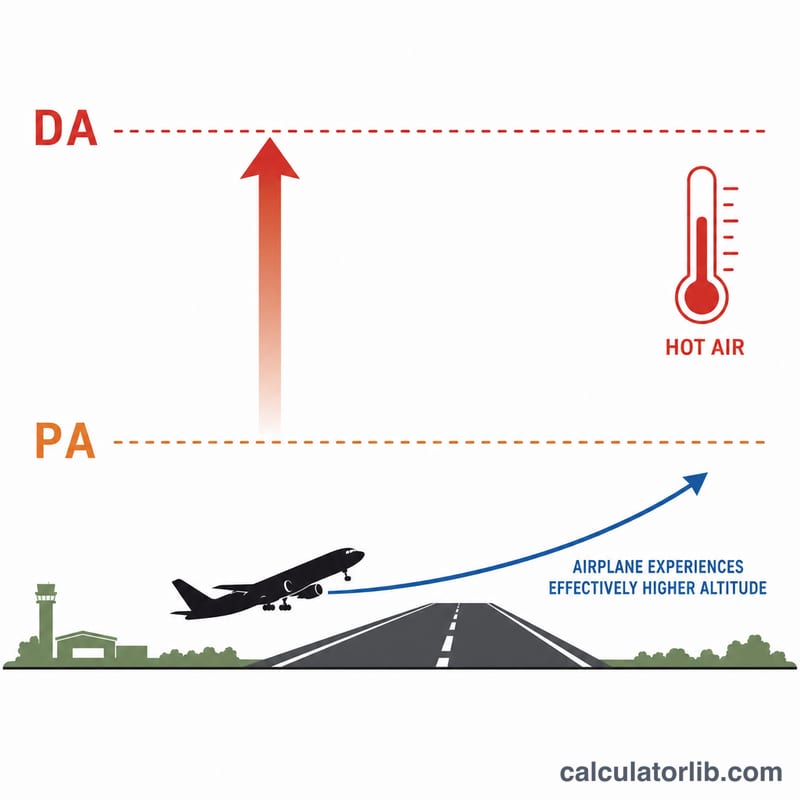 Diagram showing density altitude rising above pressure altitude on a hot day