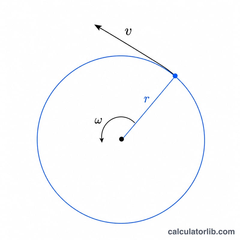 Particle moving along a circular path showing radius, linear velocity tangent, and angular velocity
