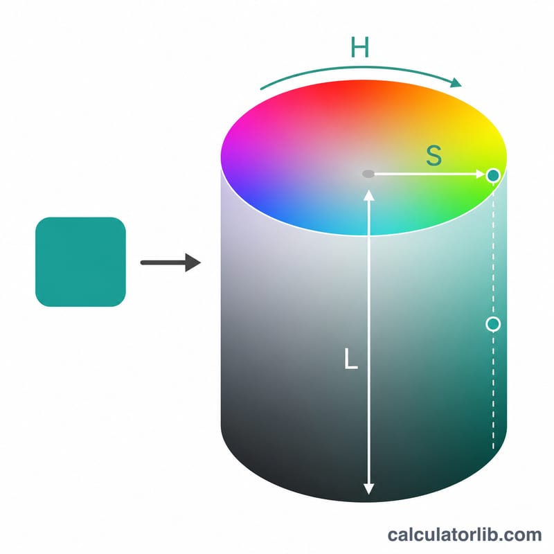 Hex color swatch converting to an HSL cylinder color model