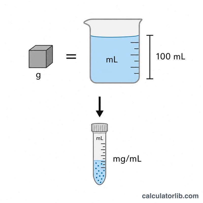 Diagram showing 1 percent weight per volume equals 1 gram in 100 milliliters equals 1000 milligrams in 100 milliliters equals 10 milligrams per milliliter