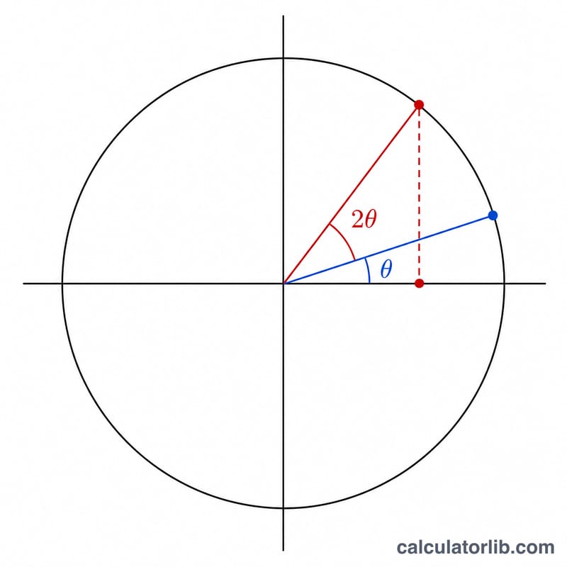 Unit circle showing angle theta and double angle 2theta with cosine projections on the horizontal axis