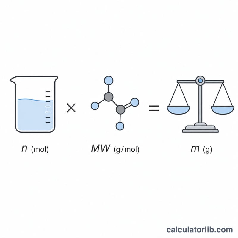 Diagram showing moles times molar mass equals mass in grams