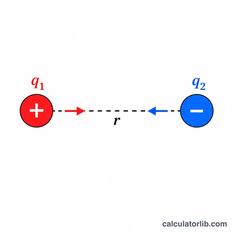 Two point charges separated by a distance r with arrows showing the electrostatic force between them
