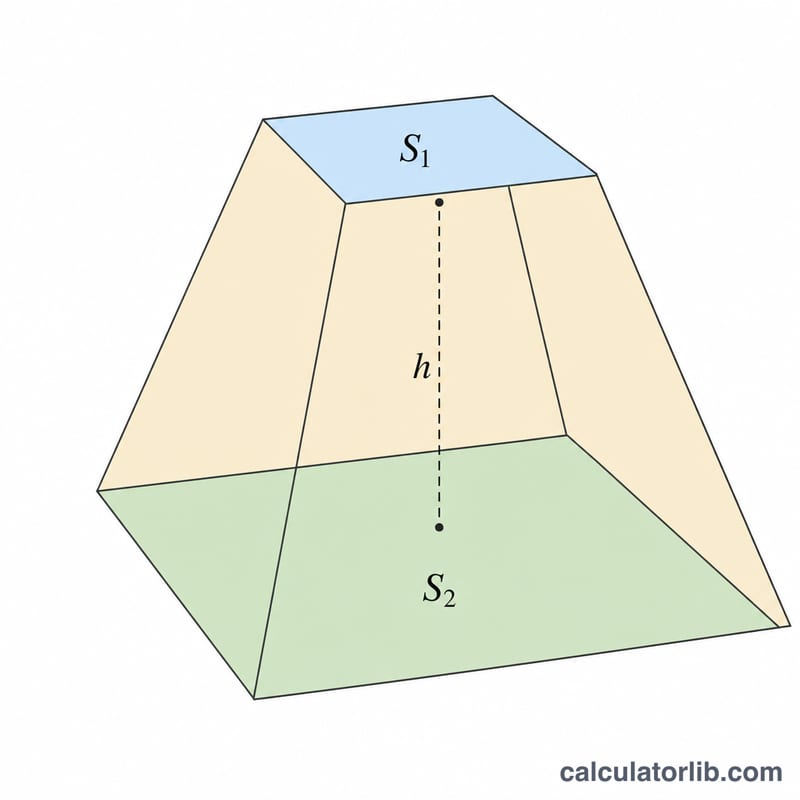 3D diagram of a pyramidal frustum showing top face, bottom face, and height
