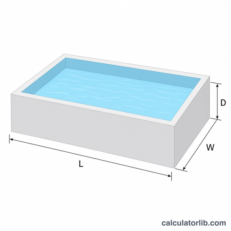Rectangular swimming pool diagram with length, width, and average depth labeled