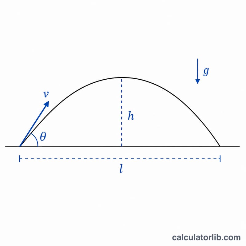Parabolic projectile trajectory showing launch angle, initial velocity, maximum height and range