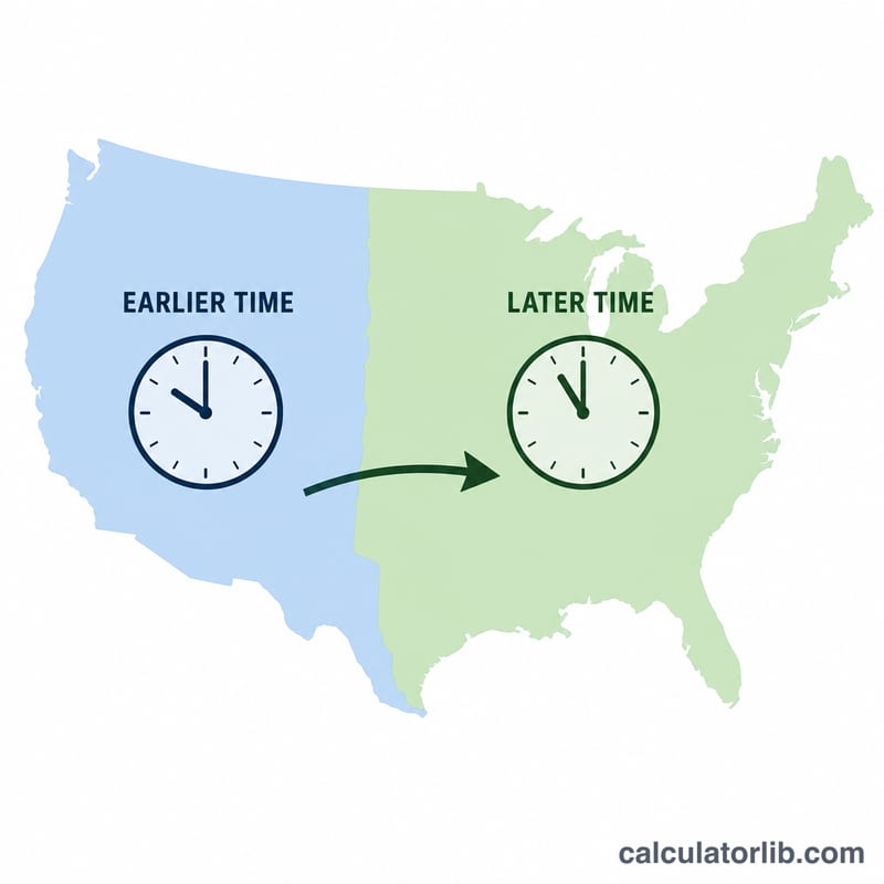 US map showing Pacific time zone on the left and Eastern time zone on the right with an arrow between them