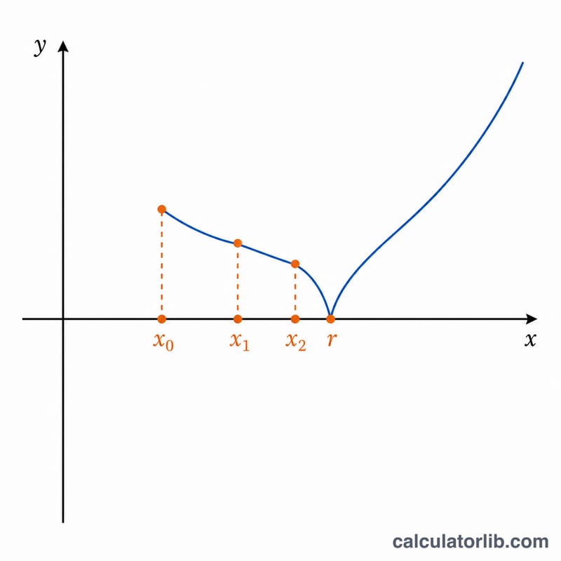 Curve f(x) crossing the x-axis at a root, with successive iteration points converging toward it