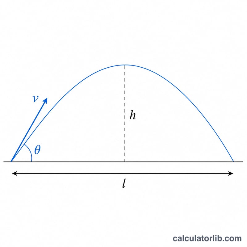 Parabolic projectile trajectory showing launch speed, angle, maximum height and horizontal range