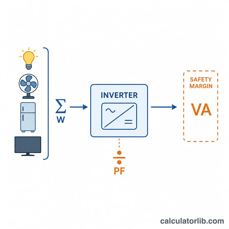 Diagram of total load watts divided by power factor giving VA with an added margin