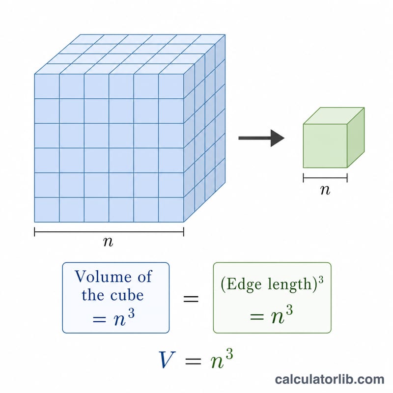 Un cubo con la longitud de su arista resaltada, que ilustra la raíz cúbica como la arista de un cubo de volumen dado