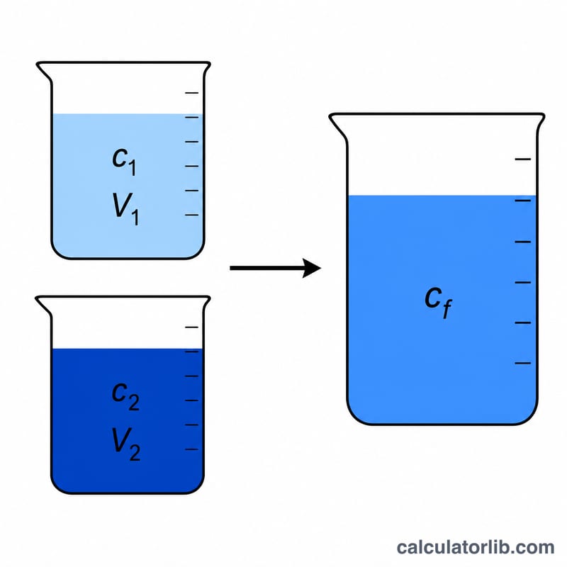 Two beakers of different shaded solutions combining into a third beaker with intermediate shade