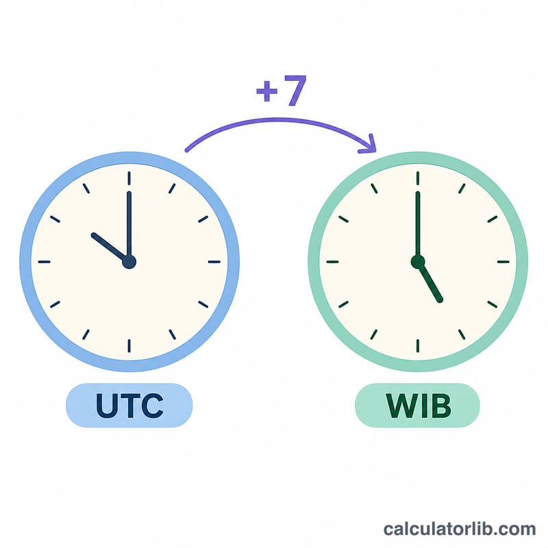 Diagram showing UTC clock and WIB clock with a plus seven hours offset arrow between them