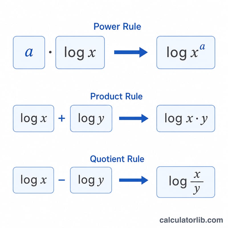 Diagram of the power, product, and quotient rules used to condense logarithms