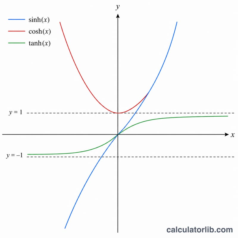 Graphs of sinh, cosh and tanh curves on the same axes