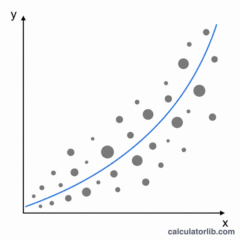 Power curve y equals A times x to the B fitted through scattered data points with varying dot sizes