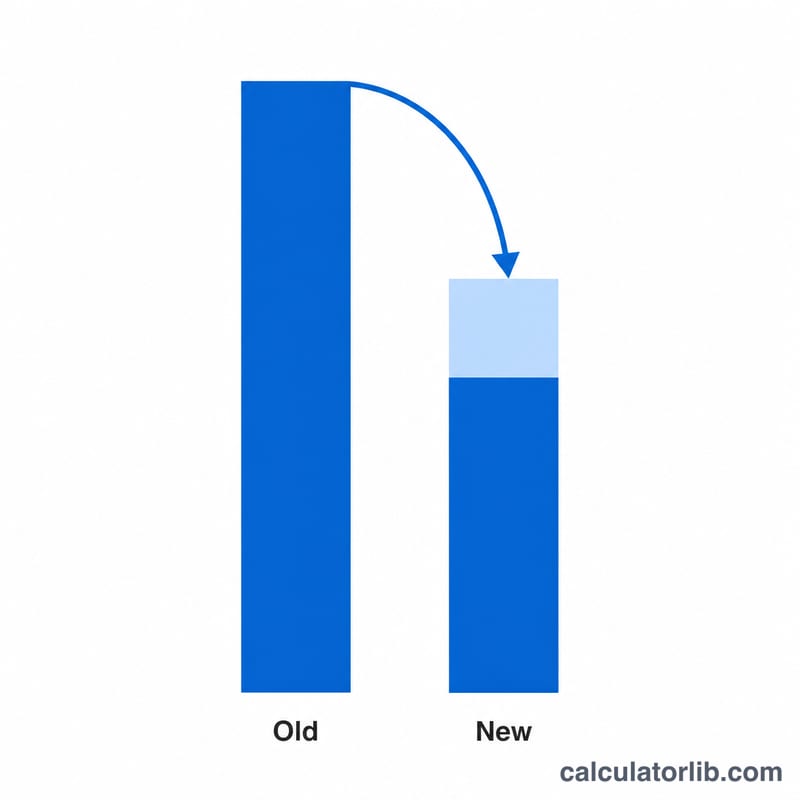 Bar chart showing a tall original bar shrinking to a shorter new bar with a downward arrow