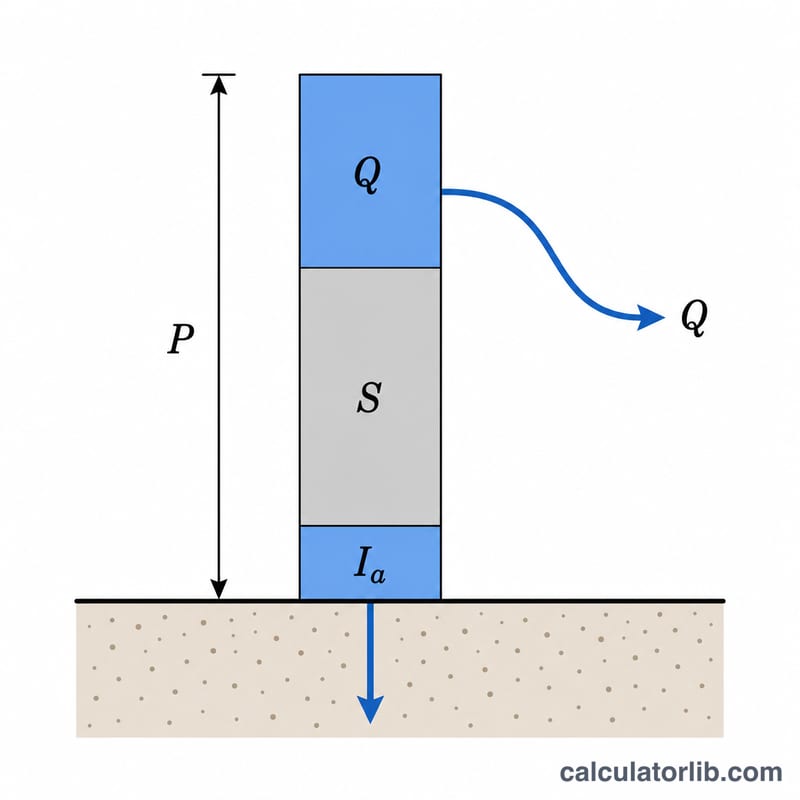 Rainfall hyetograph split into initial abstraction, infiltration losses and direct runoff over time