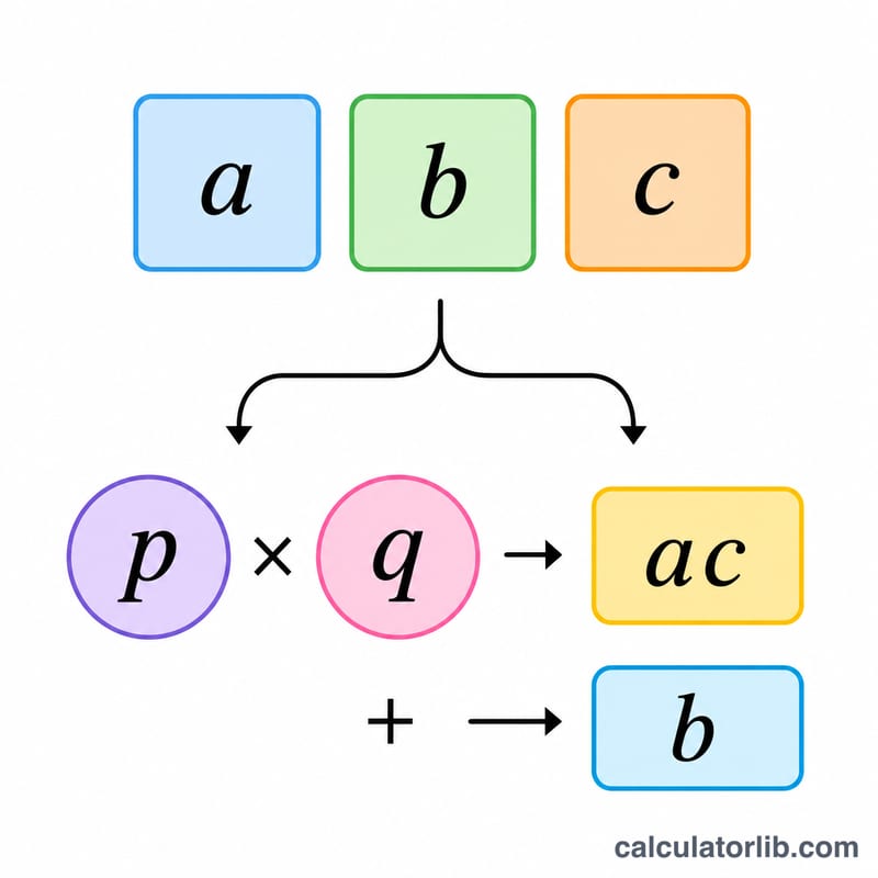 Diagram of finding two numbers p and q that multiply to ac and add to b