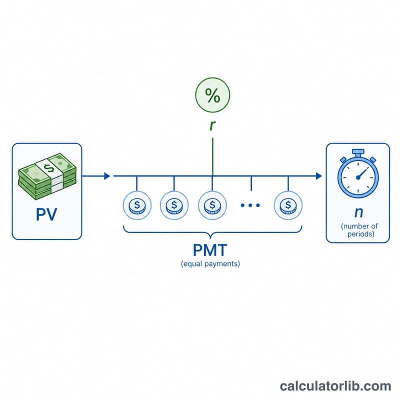 Diagram relating present value, fixed payment, interest rate and number of payments