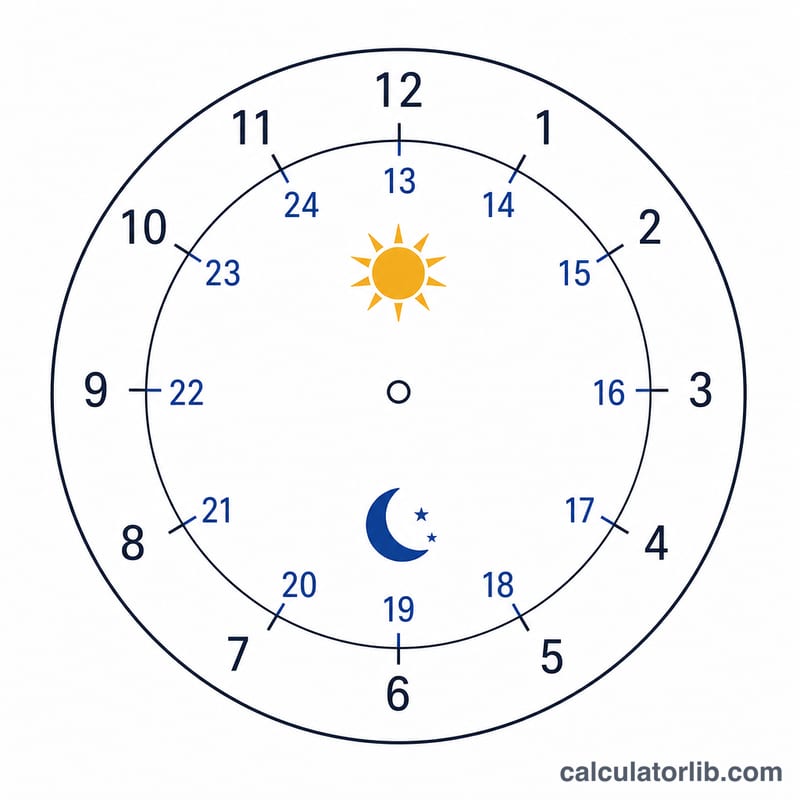 Circular 24-hour clock face showing the relationship between 12-hour and 24-hour times