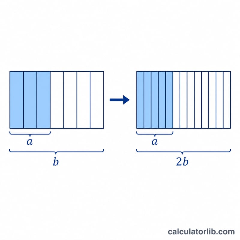 Fraction a/b shown as a shaded bar, then re-divided into twice as many parts to show a/(2b)