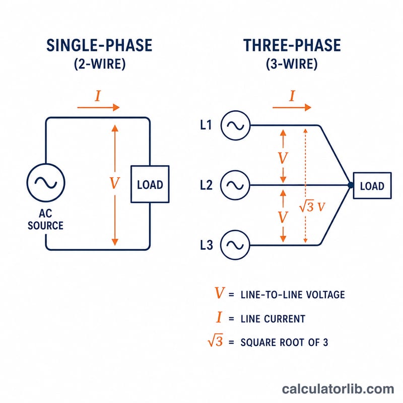Sơ đồ so sánh mạch một pha hai dây và mạch ba pha ba dây