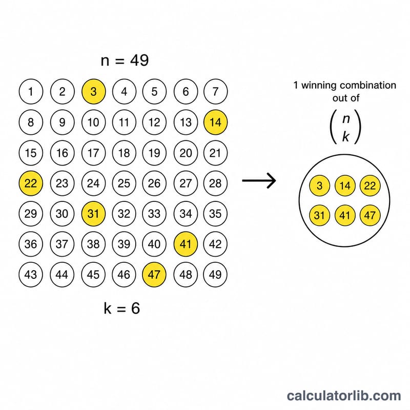 Grid of lottery balls with six highlighted as one chosen combination from the full pool