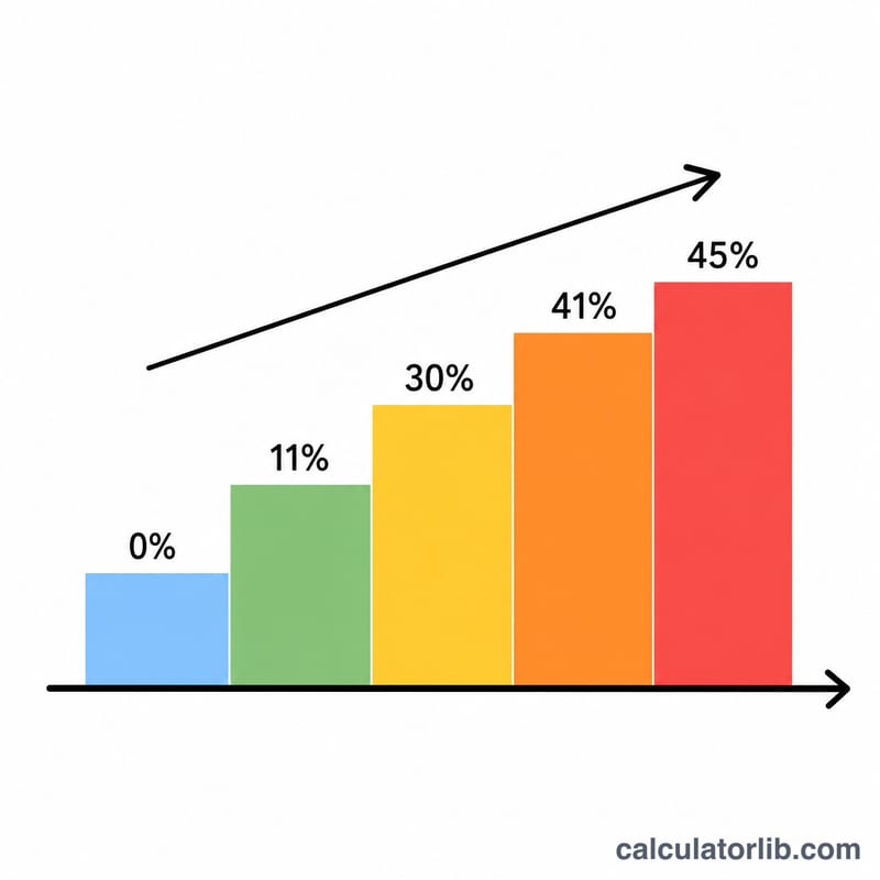Stacked progressive tax brackets with increasing rates applied to income slices