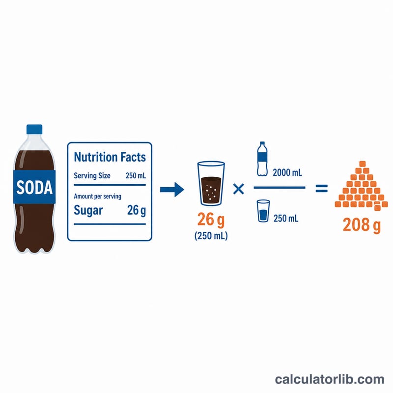 Diagram showing how sugar per serving scales up to total sugar in a full bottle