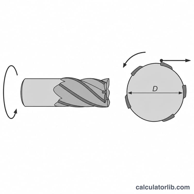 Rotating cylindrical tool showing diameter and a point on the edge tracing a circular surface path
