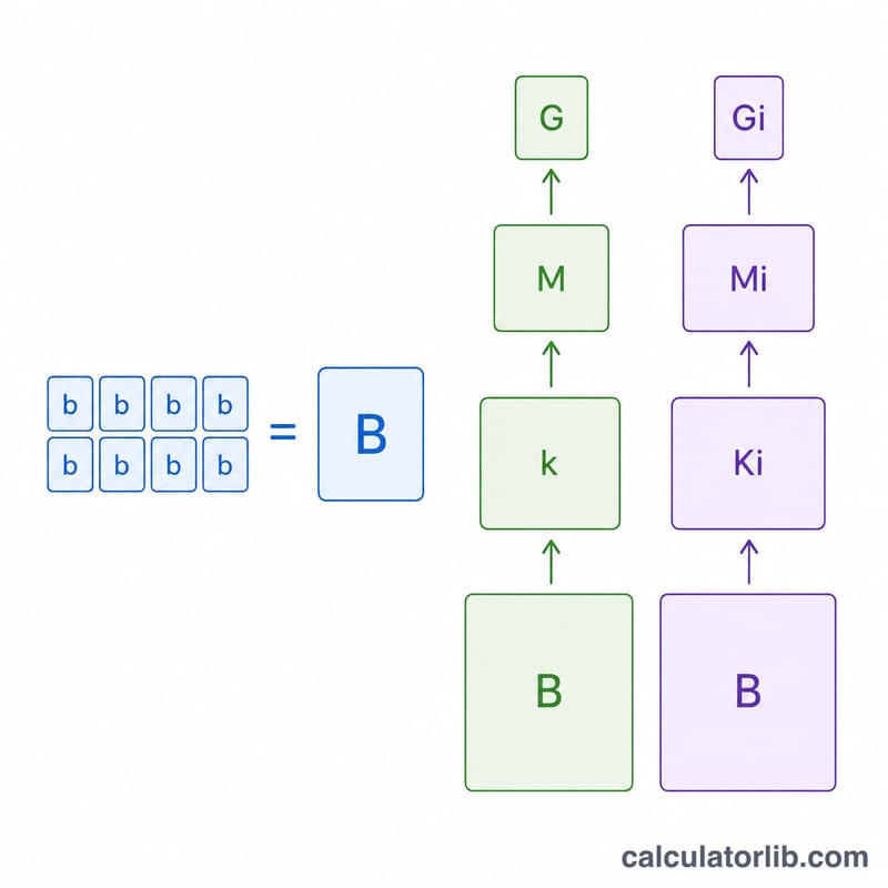 Diagram showing relationship between bits and bytes and SI versus IEC unit prefixes