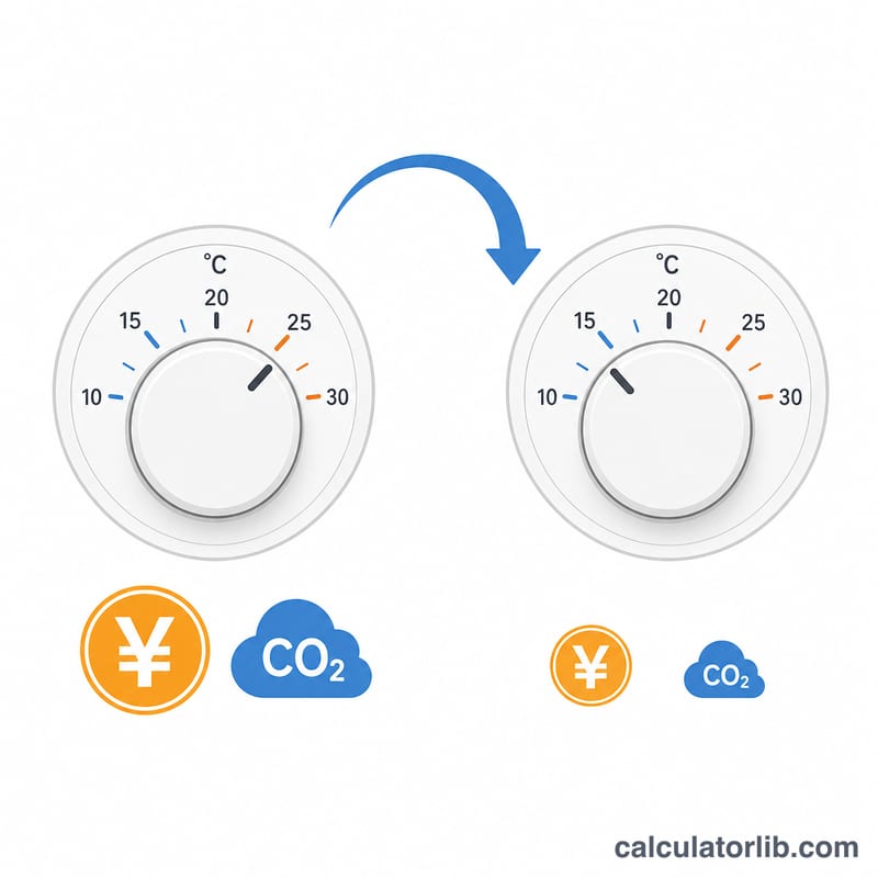 サーモスタットのダイヤルを下げ、円の節約とCO2削減を示すマーク