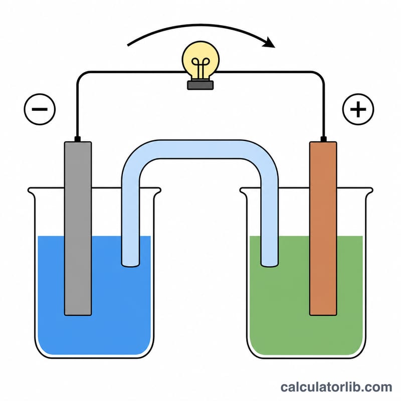 Diagram of a galvanic cell with two electrodes in separate solutions connected by a salt bridge and a wire showing electron flow