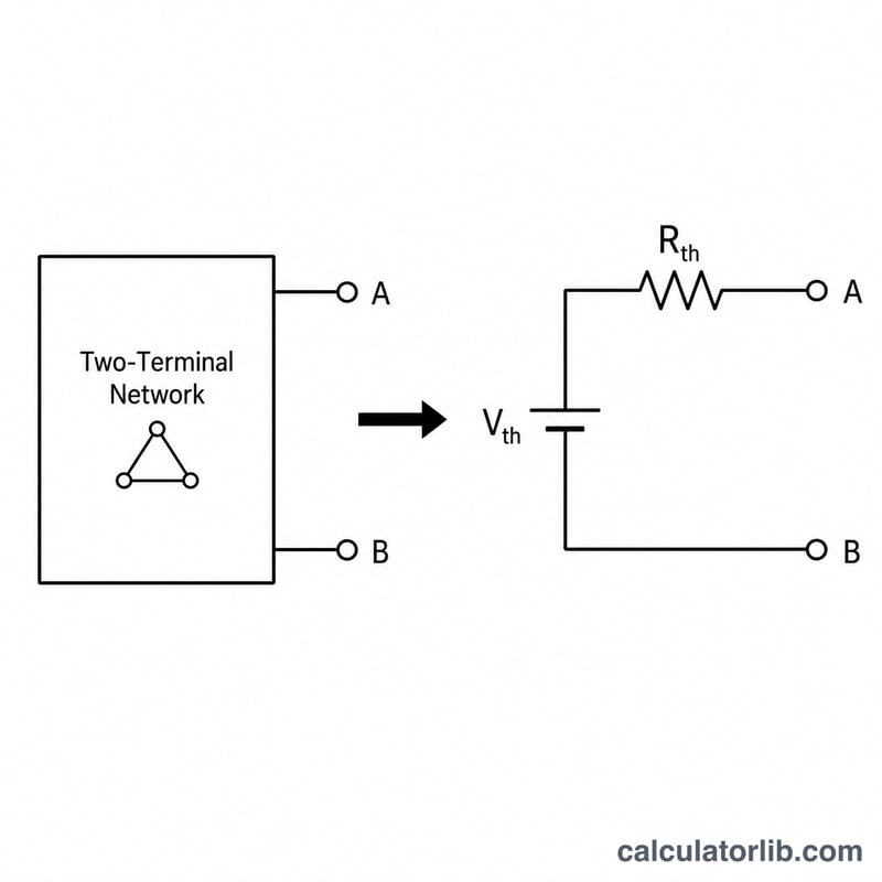 Original two-terminal circuit network reduced to a Thevenin equivalent with a voltage source and series resistor