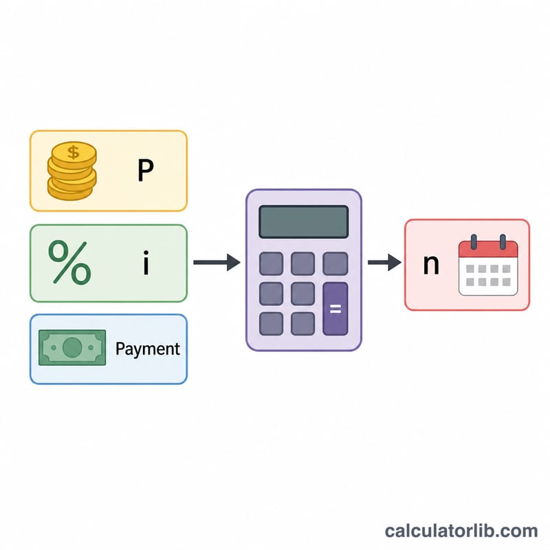 Diagram showing loan amount, interest rate and payment feeding into a calculation that outputs the number of months n.