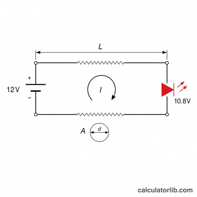 Sơ đồ mạch của một nguồn điện cấp cho LED qua hai dây có chiều dài L, dòng điện I và tiết diện A