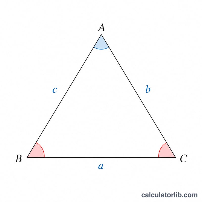 Triangle with vertices A, B, C, sides a, b, c opposite their angles