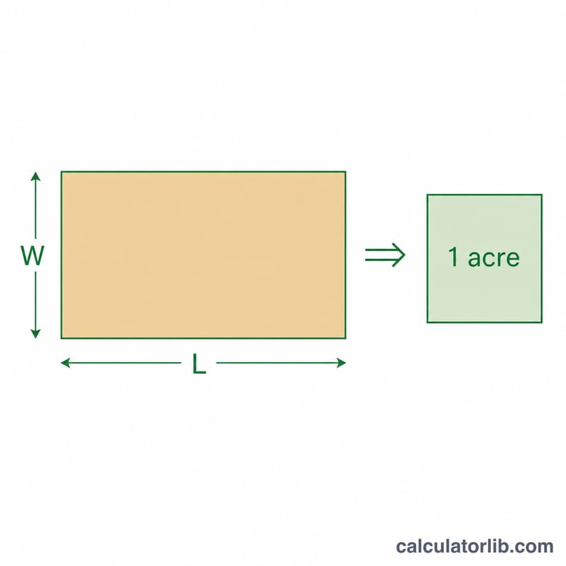Parcelle de terrain rectangulaire avec longueur et largeur indiquées, convertie en un acre carré