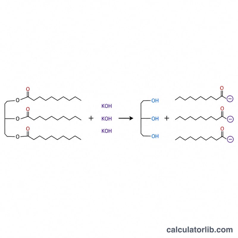 Diagram of a triglyceride molecule reacting with three KOH to form glycerol and three soap molecules