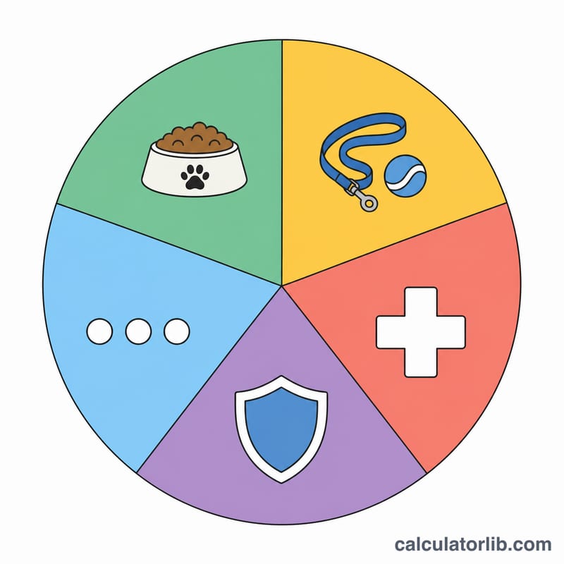Gráfico circular de categorías de gastos de mascotas: comida, suministros, veterinario, seguro, varios