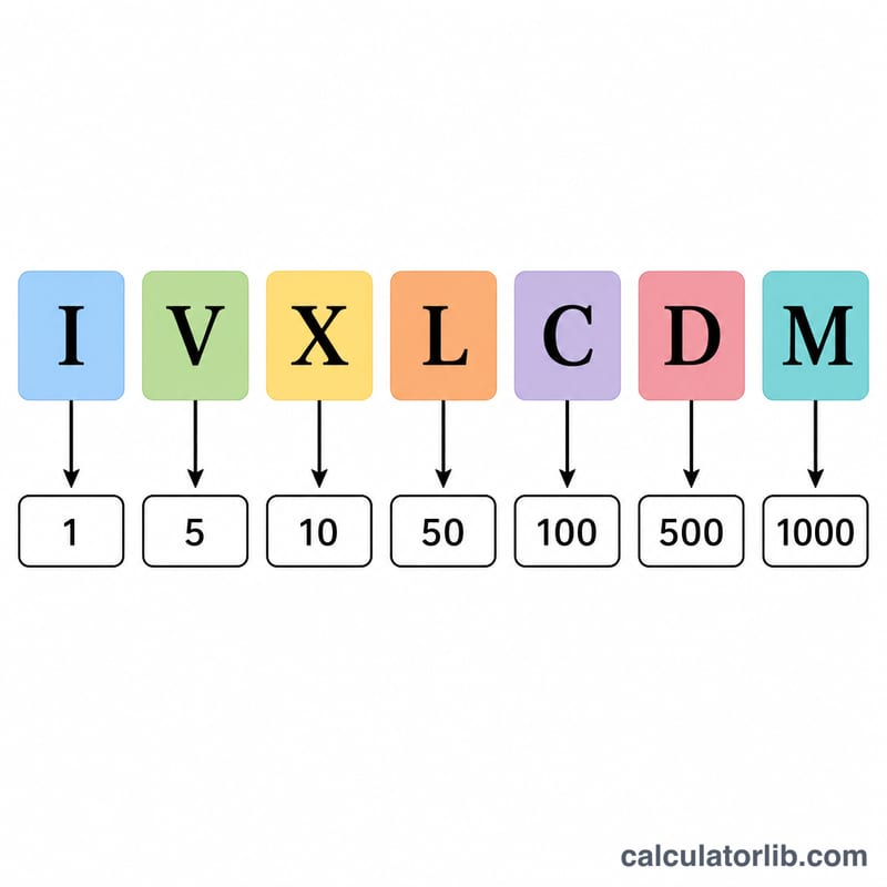 7つのローマ数字記号と10進数の値の一覧表
