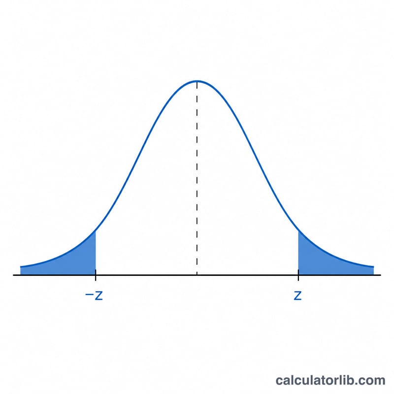 Bell curve with two shaded tails marking critical z-values for a confidence level