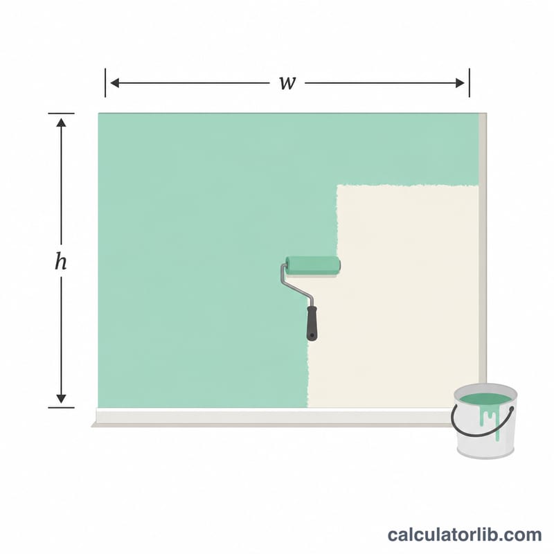 Rectangular wall with width and height dimensions and a paint roller and bucket