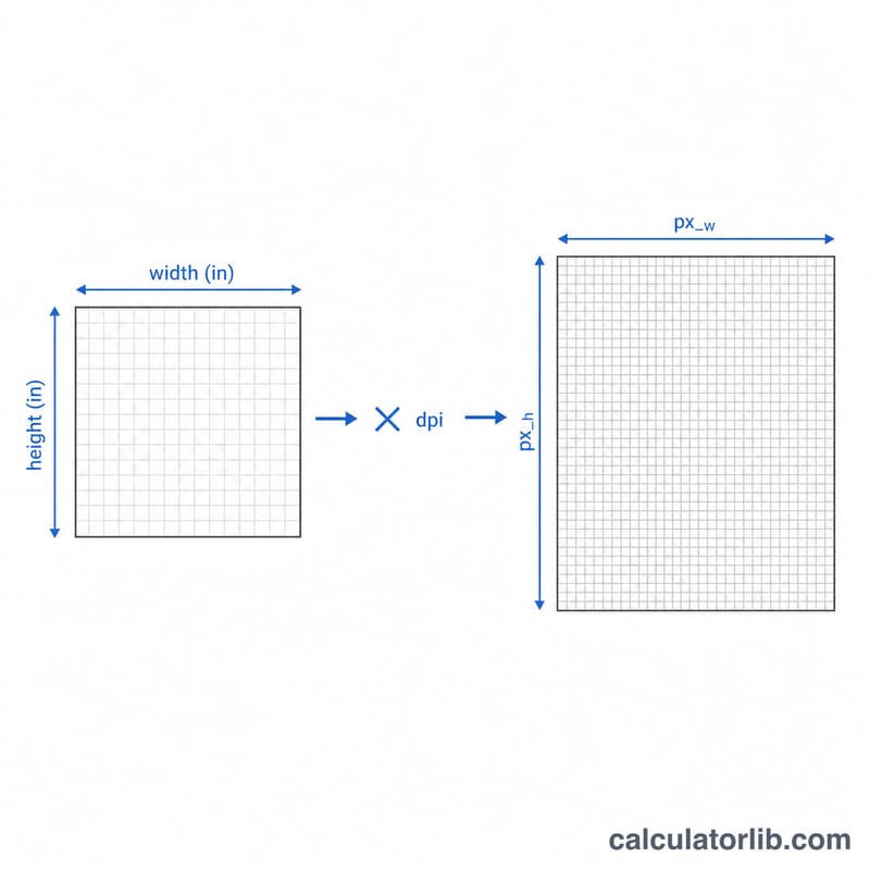Diagram converting print width and height in inches times DPI into pixel dimensions