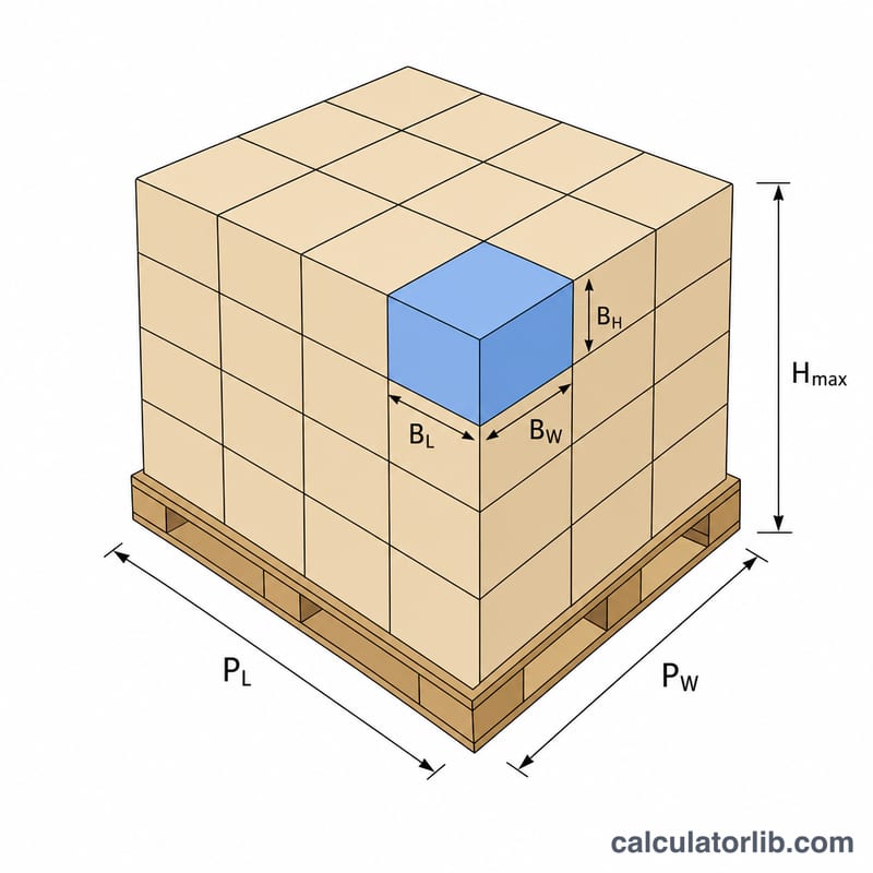 Pallet with boxes arranged in a grid and stacked in layers, dimensions labeled