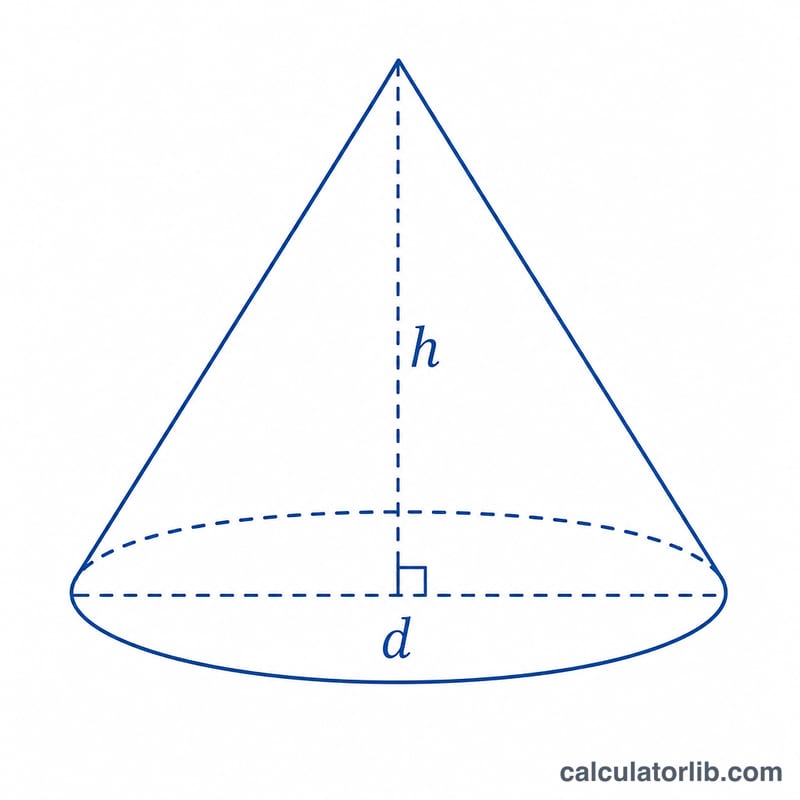 Cone with base diameter d and height h labeled